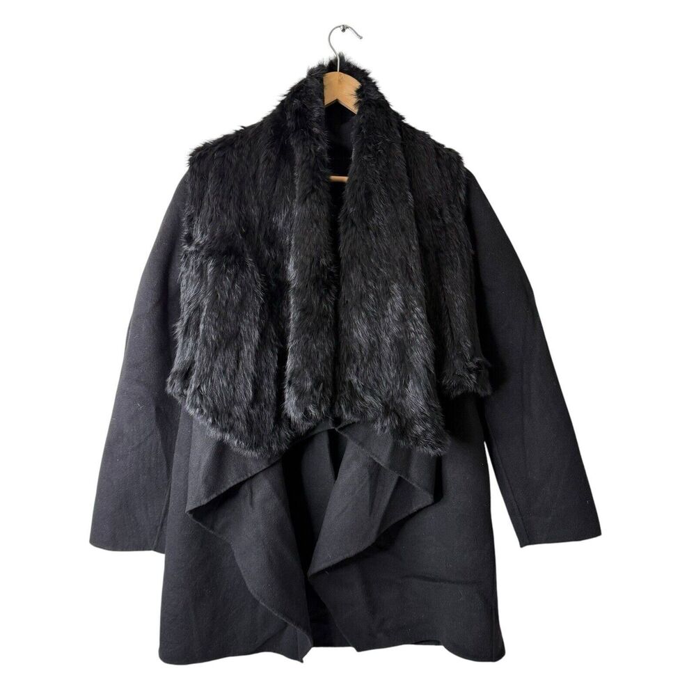 Theory Open Front Wool Coat Size P Removable Rabbit Fur Vest Waterfall Pockets